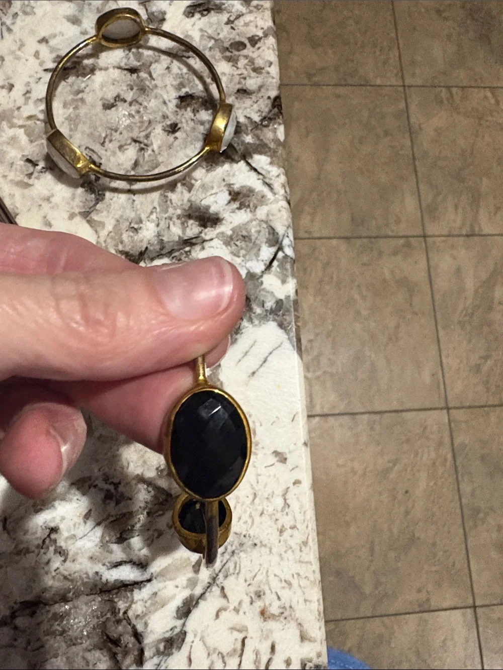 Gold Tone Black Stone Cuff Bracelet Stack